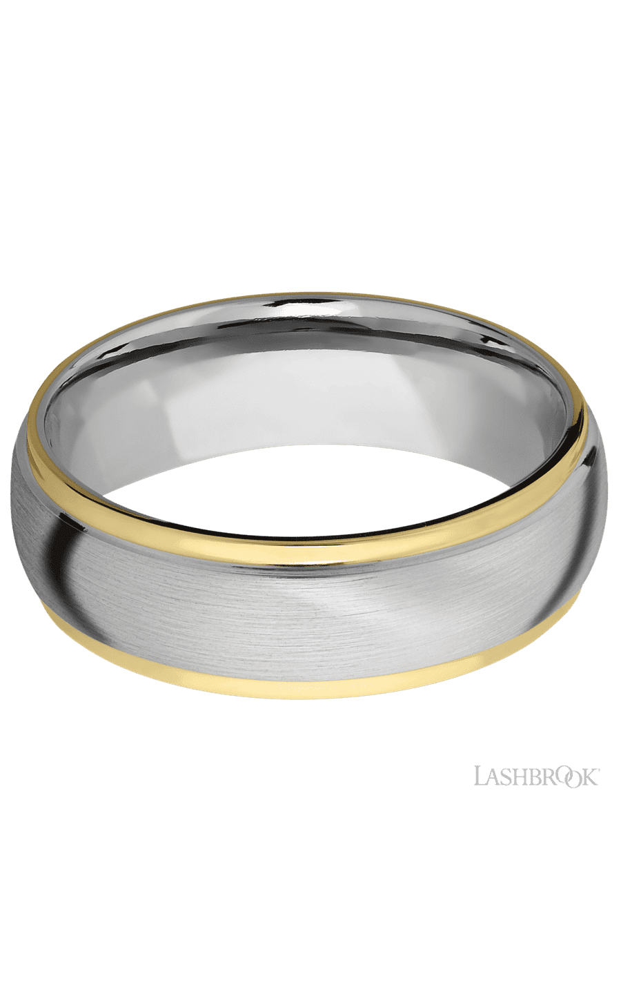 7 mm wide/Domed Stepped Down Edges/14K White Gold band with two 1 mm Edge inlays of 14K Yellow Gold.