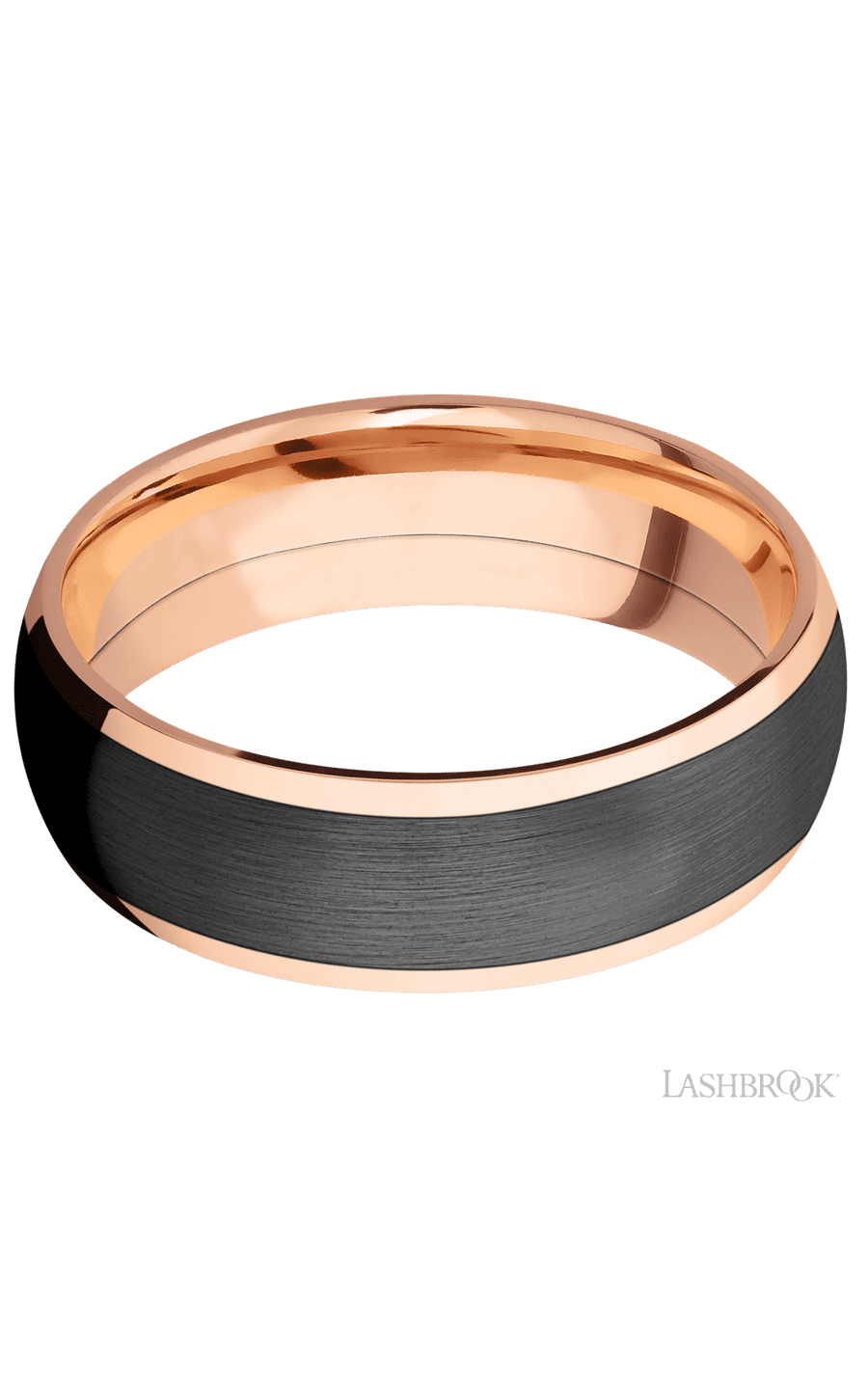 7 mm wide/Domed/14K Rose Gold band with one 5 mm Centered inlay of Zirconium.
