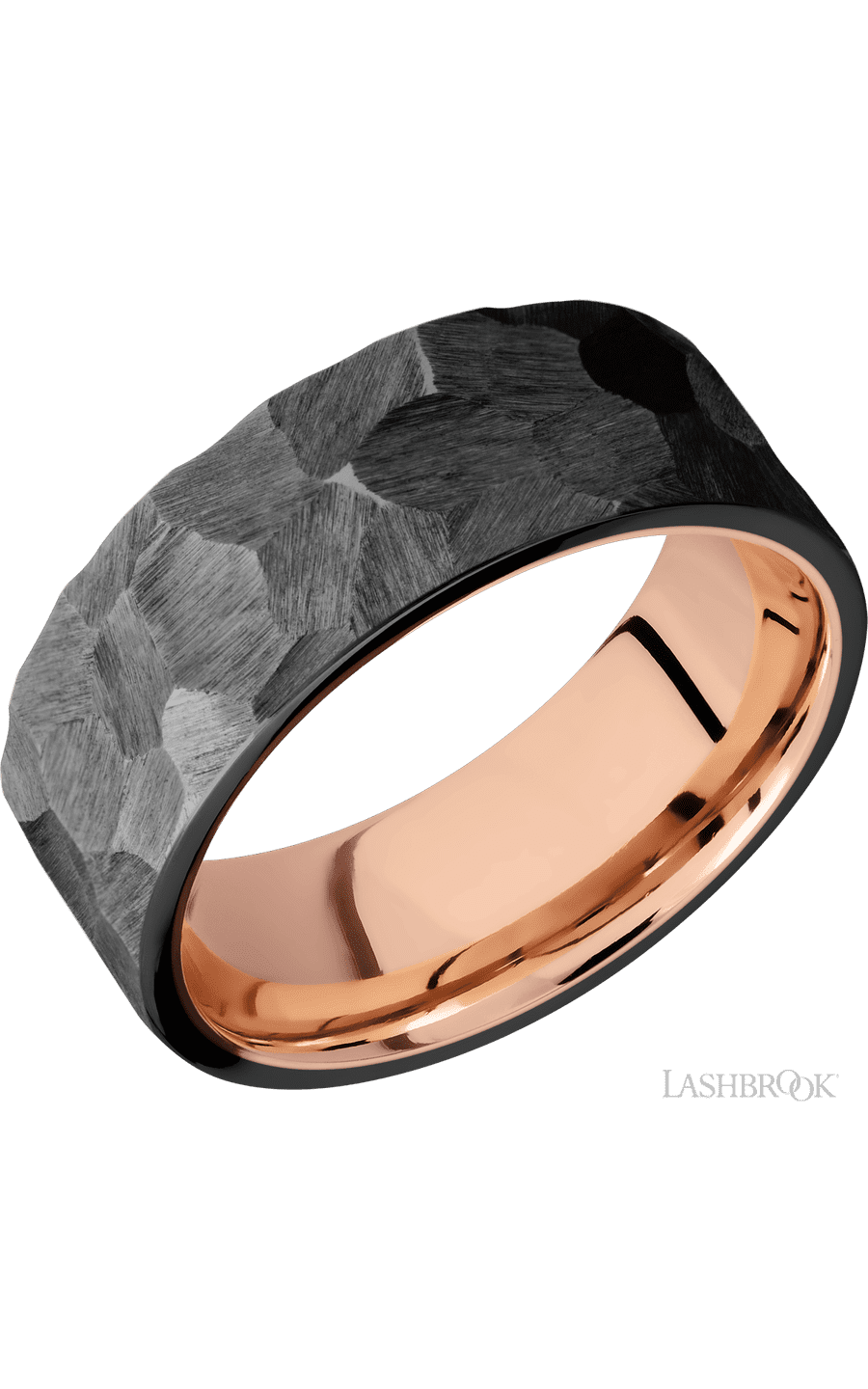 8 mm wide Flat Zirconium band featuring a 14K Rose Gold sleeve.