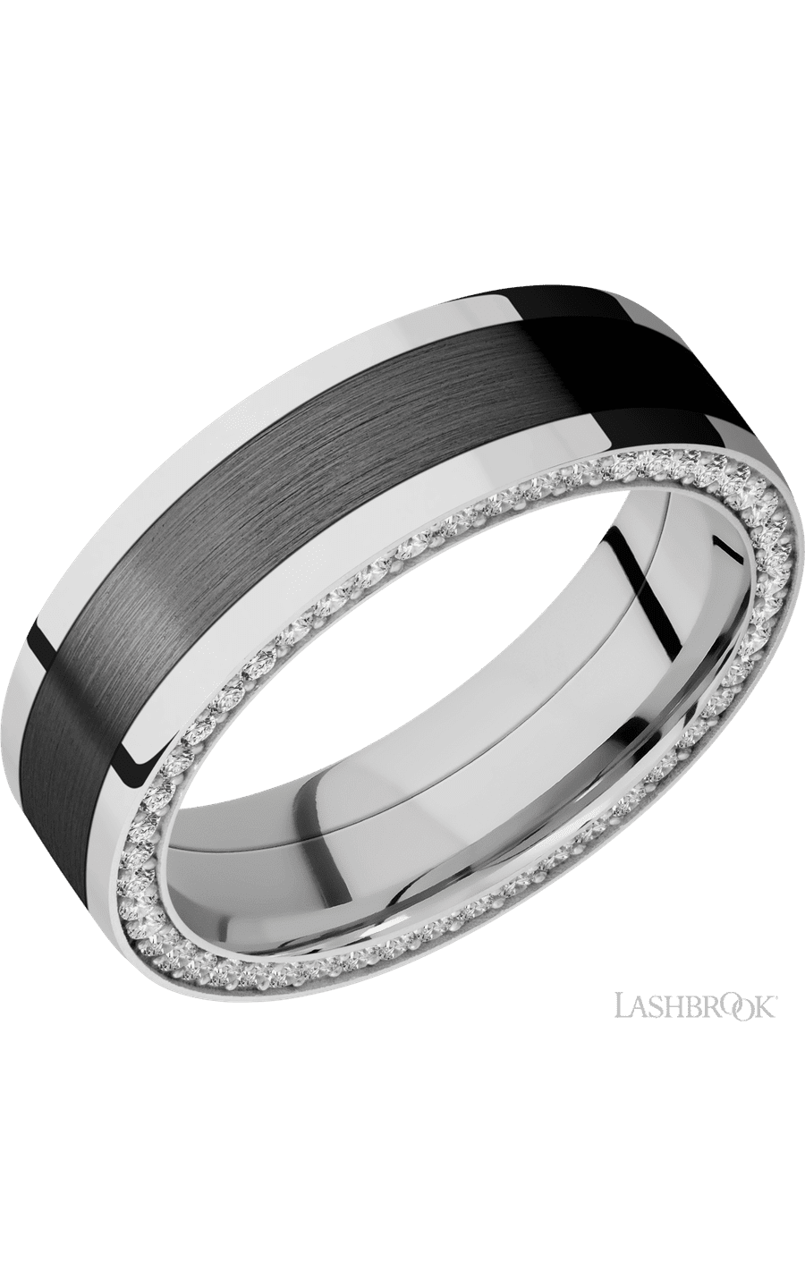 7 mm wide/Flat/14K White Gold band with one 4 mm Centered inlay of Zirconium and featuring a Side Eternity arrangement of .01 carat Round Diamond stones in a Bead Channel setting