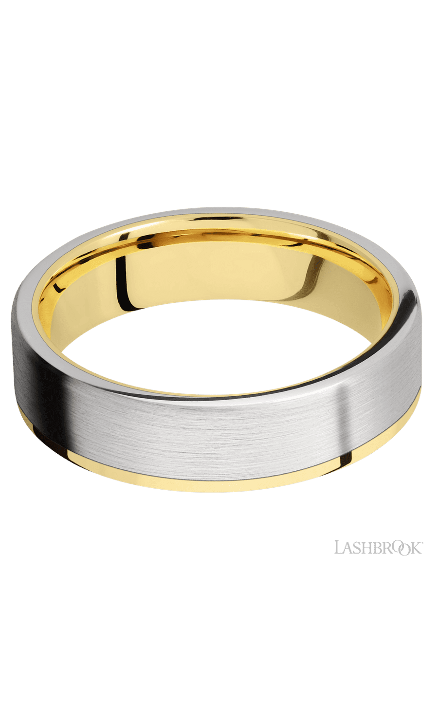 6 mm wide/Flat/14K Yellow Gold band with one 5 mm Off Center Edge inlay of Cobalt Chrome.