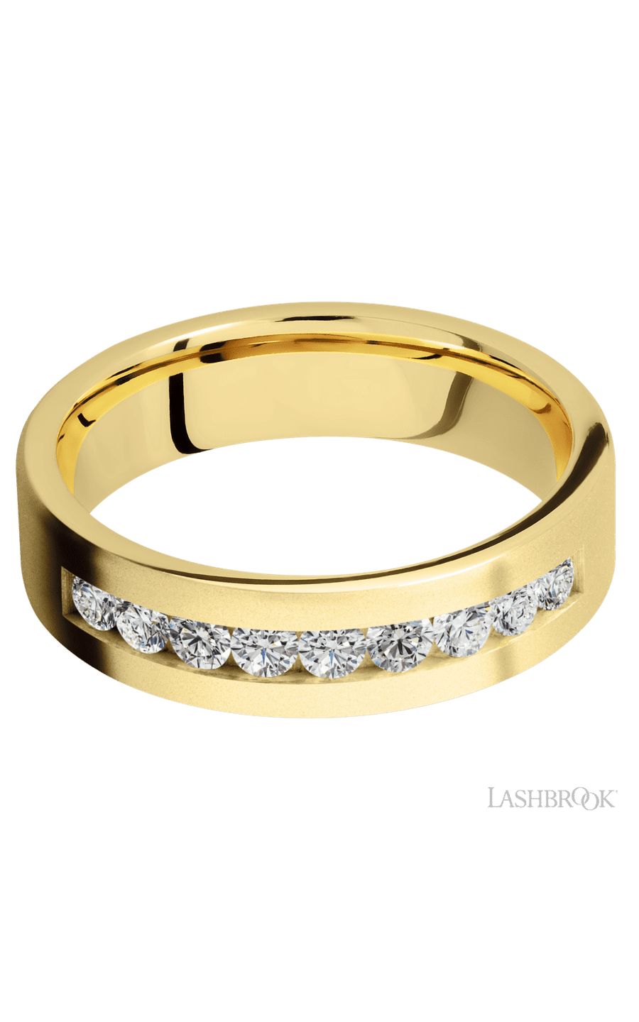 6 mm wide/Flat/14K Yellow Gold band with an arrangement of 9, .07 carat Round Diamond stones in a Channel setting.