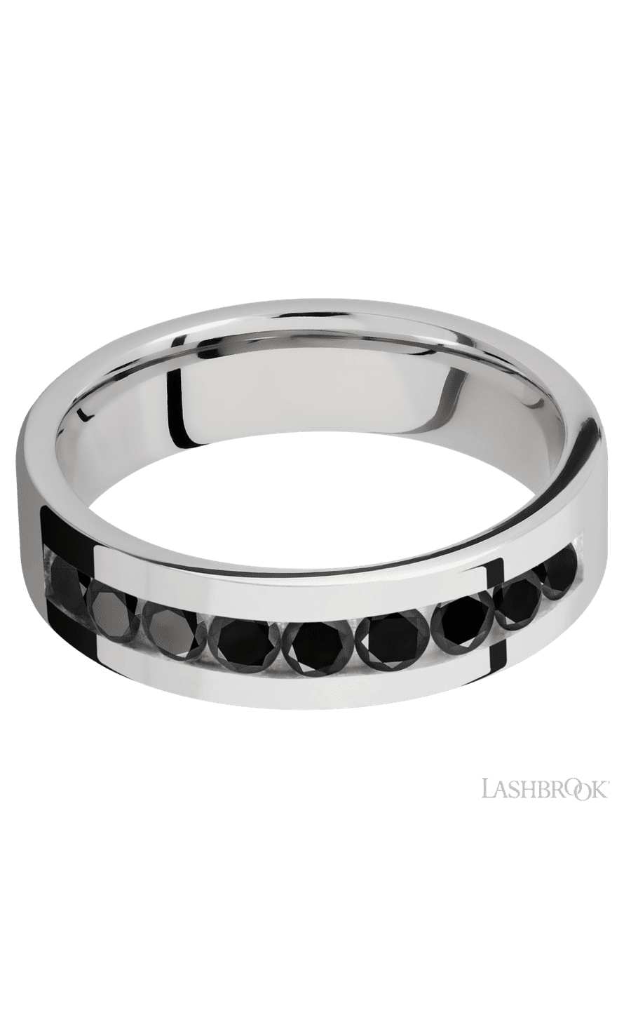 6 mm wide/Flat/Cobalt Chrome band with an arrangement of 9, .1 carat Round Black Diamond stones in a Channel setting.
