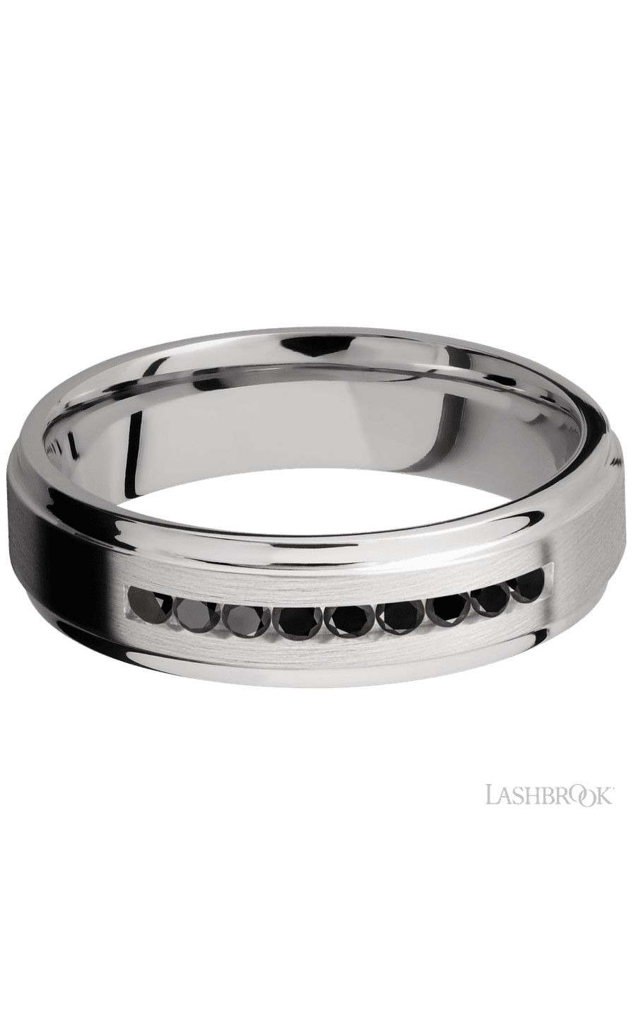 6 mm wide/Flat Grooved Edges/Cobalt Chrome band with an arrangement of 9, .03 carat Round Black Diamond stones in a Channel setting.