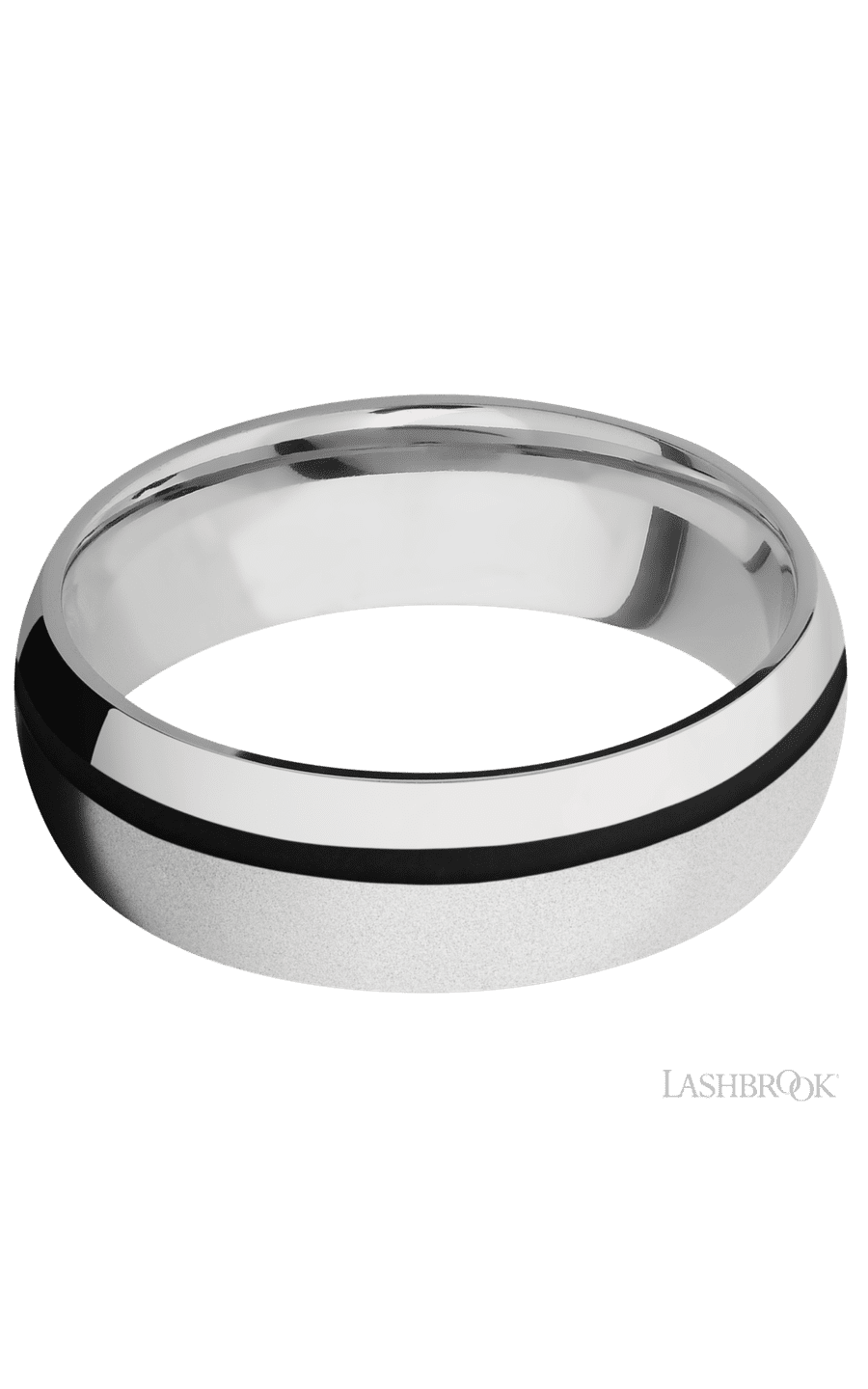 7 mm wide/Domed/Cobalt Chrome band with one 1 mm Off Center inlay of Black.