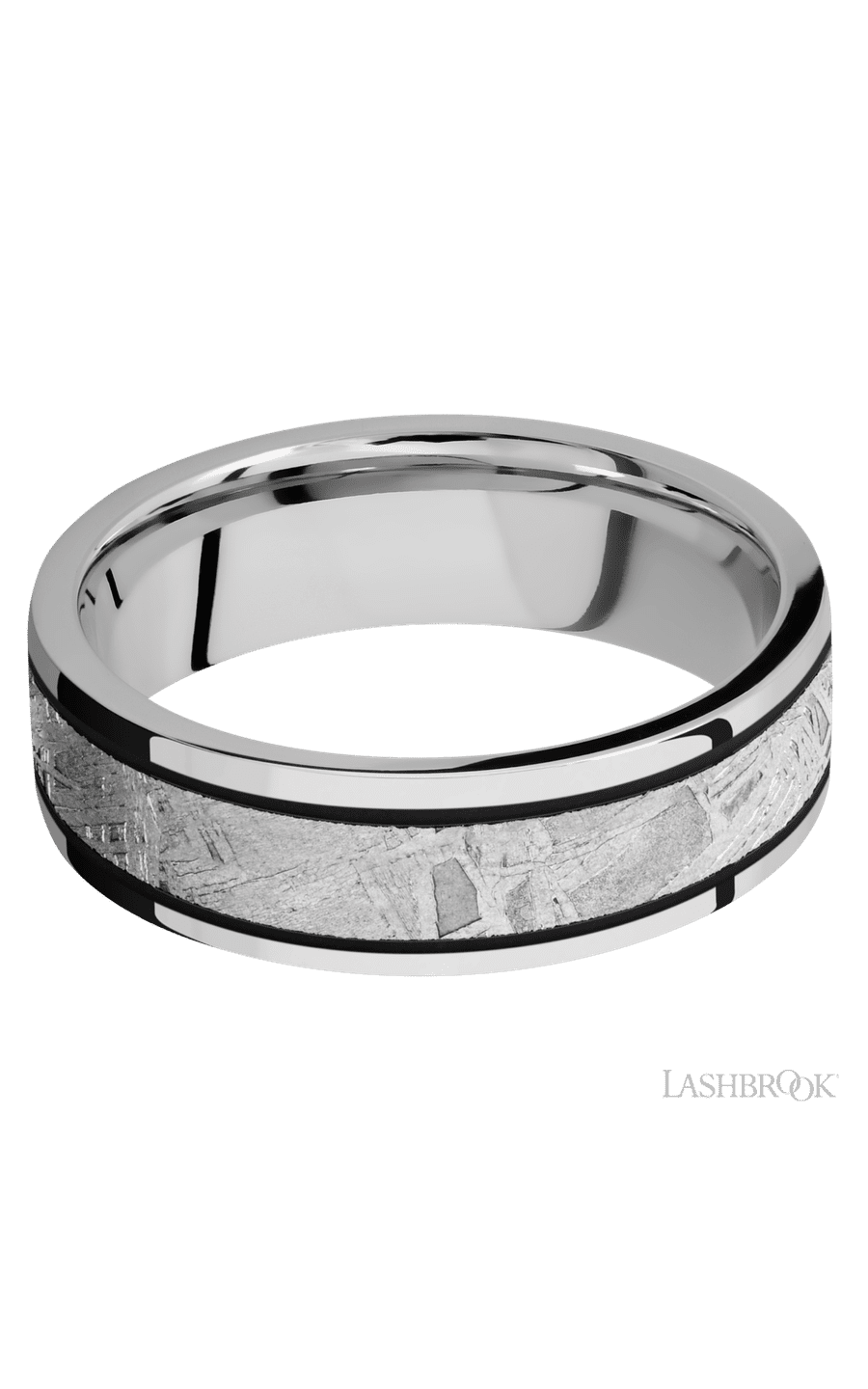 7 mm wide/Flat/Cobalt Chrome band with one 4 mm Centered inlay of Meteorite.