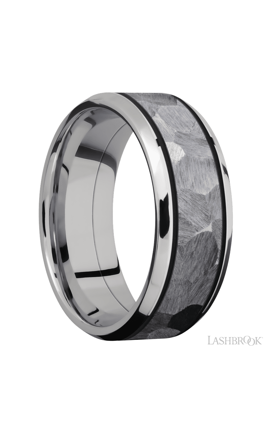 8 mm wide/Beveled/Cobalt Chrome band with one 5 mm Centered inlay of Tantalum.