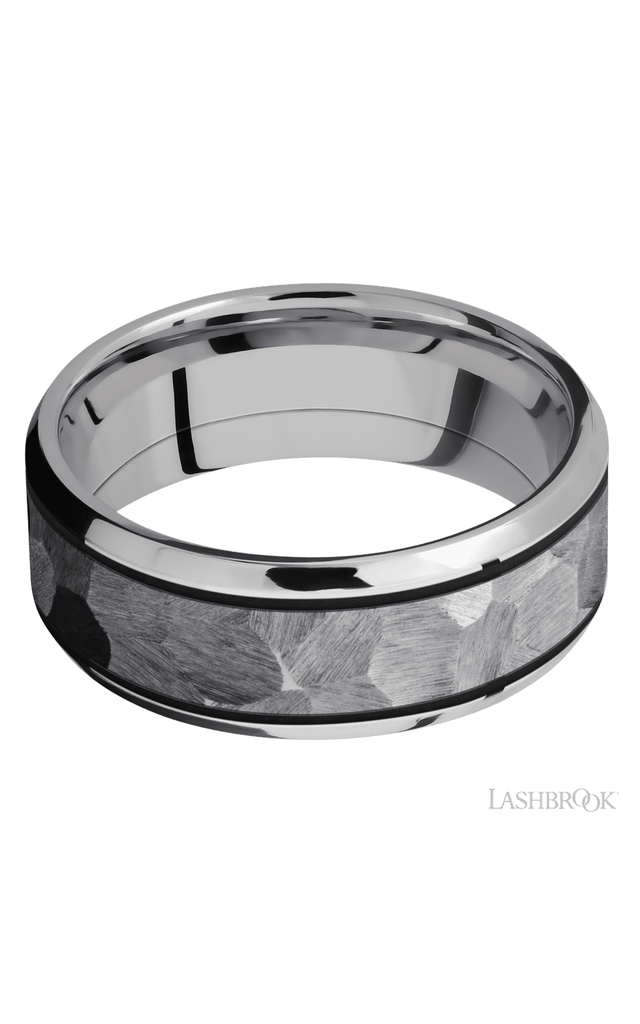 8 mm wide/Beveled/Cobalt Chrome band with one 5 mm Centered inlay of Tantalum.