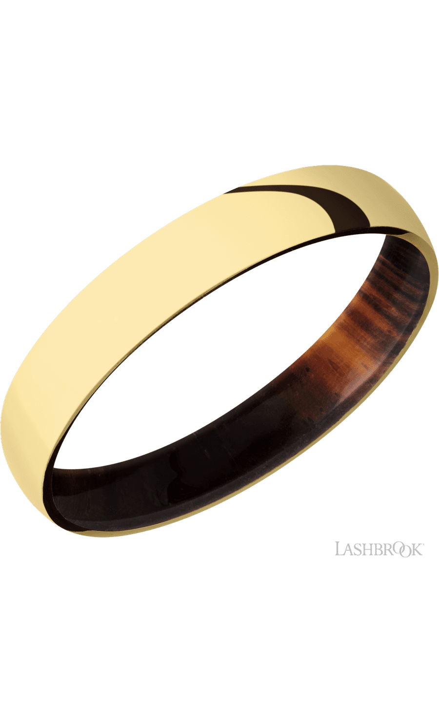 4 mm wide Domed 14K Yellow Gold band featuring a Cocobolo sleeve.