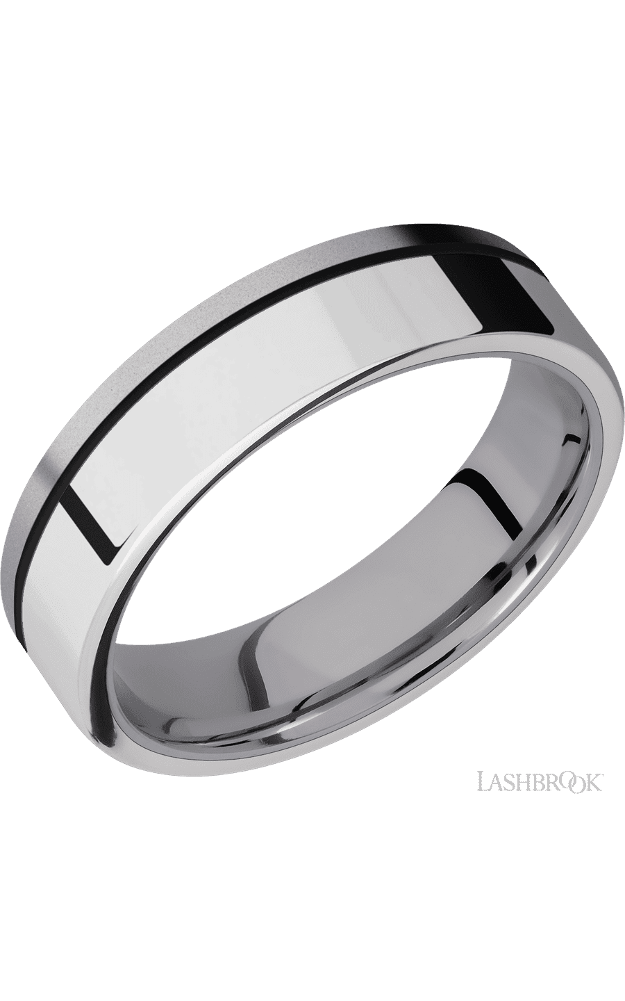 6 mm wide/Flat/Tantalum band with one 4 mm Off Center Edge inlay of Palladium Silver.