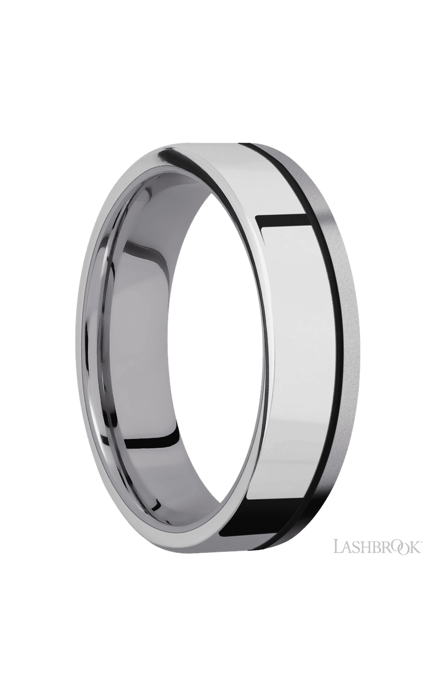 6 mm wide/Flat/Tantalum band with one 4 mm Off Center Edge inlay of Palladium Silver.