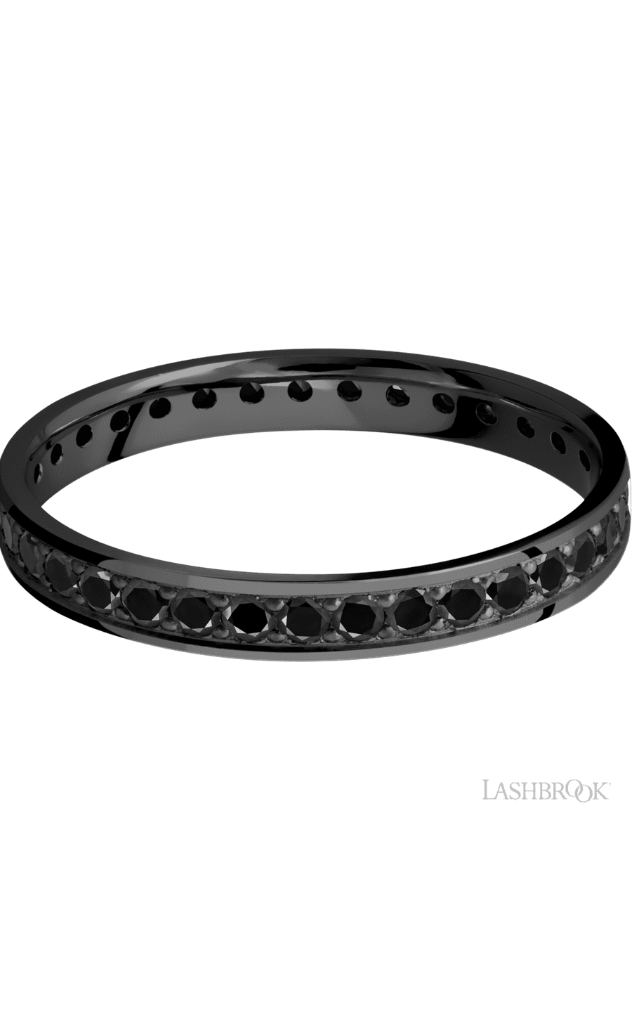 3 mm wide/Flat/Zirconium band with an Eternity arrangement of .03 carat Round Black Diamond stones in a Bead setting.