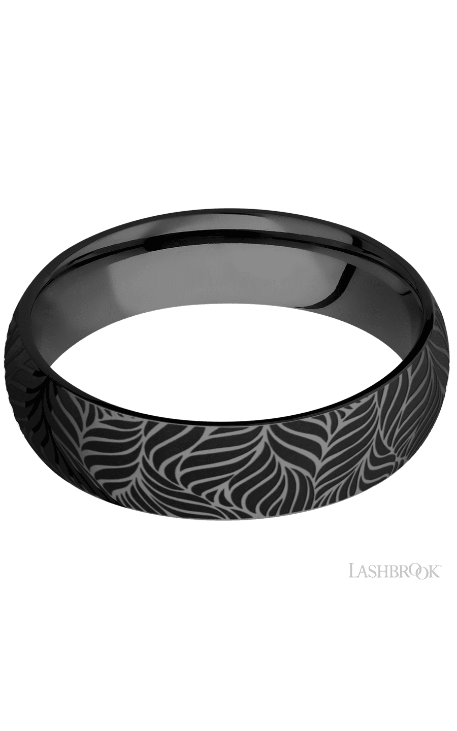 6 mm wide/Domed/Zirconium band with a laser carved Twisted Leaf pattern.