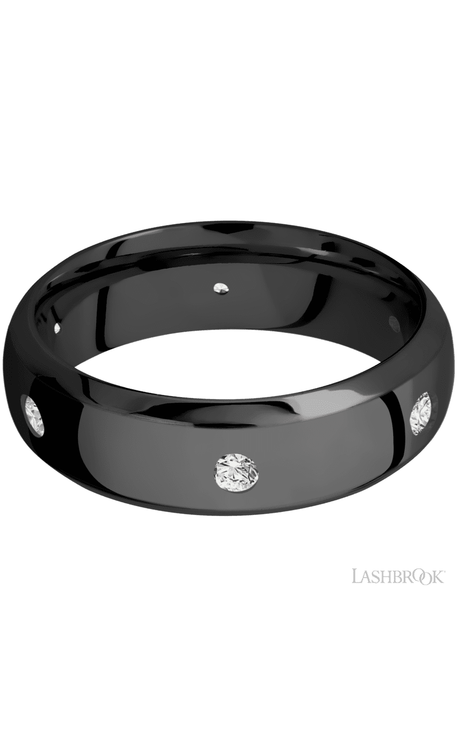 7 mm wide/Domed Bevel/Zirconium band with a 6X Even arrangement of .07 carat Round Diamond stones in a Flush setting.