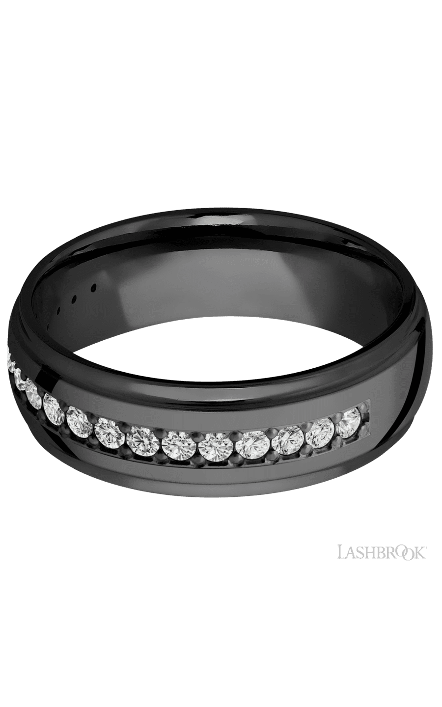 7 mm wide/Domed Stepped Down Edges/Zirconium band with a Half Eternity arrangement of .03 carat Round Diamond stones in a Bead setting.