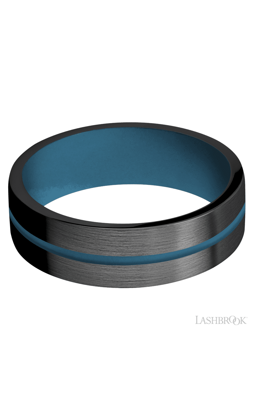 7 mm wide/Flat/Zirconium band with one 1 mm Centered inlay of Royal Blue also featuring a Royal Blue sleeve.