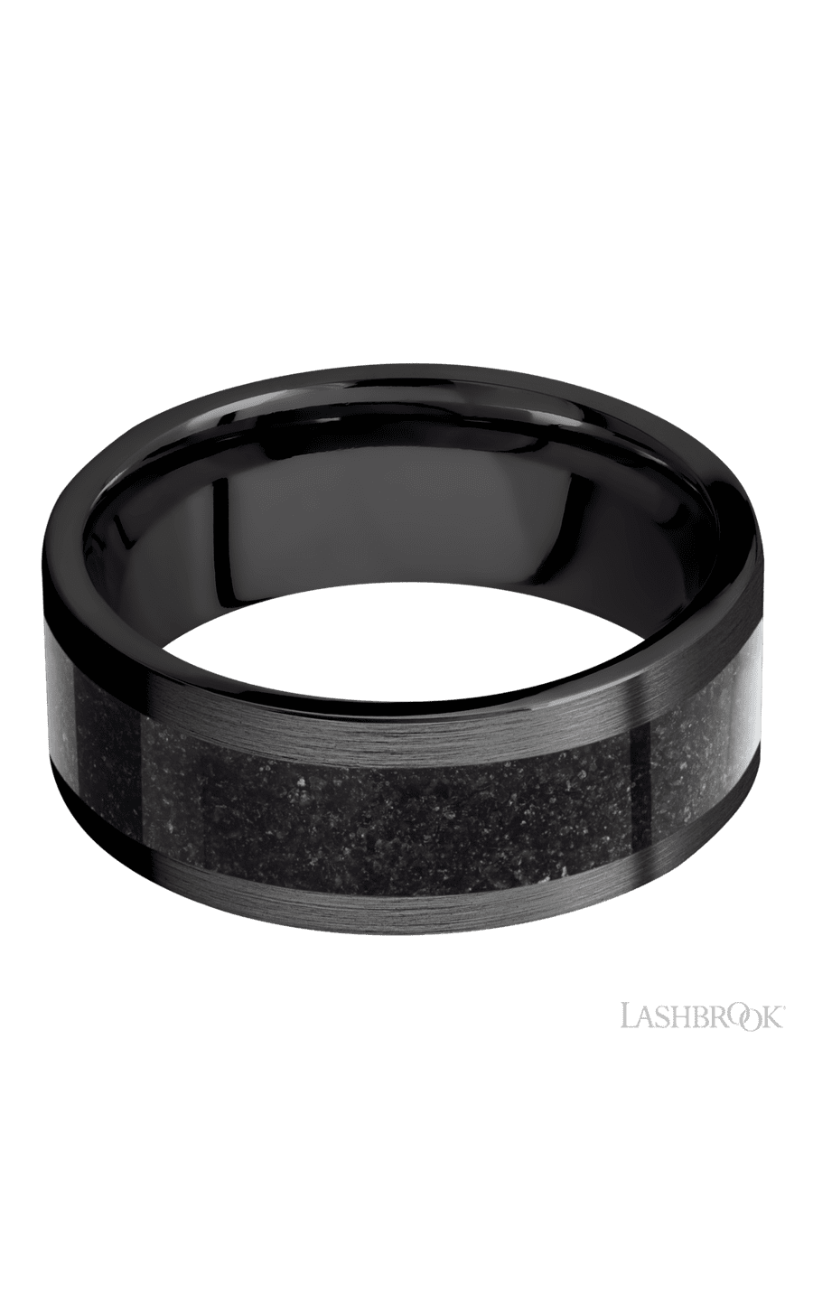 8 mm wide/Flat/Zirconium band with one 5 mm Centered inlay of Dinosaur Bone Black.