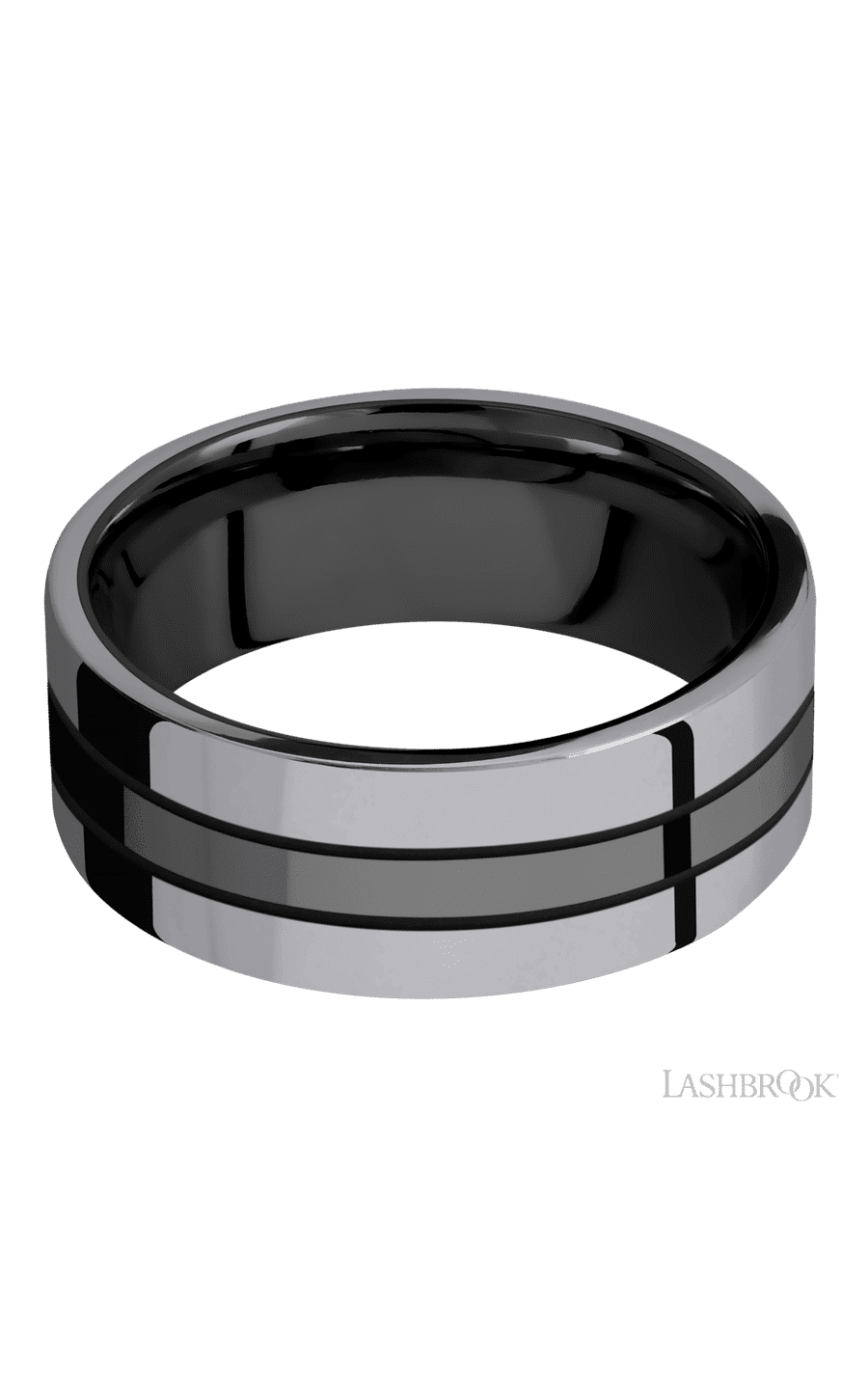 8 mm wide/Flat/Zirconium band with two 3 mm Double Off Center Edge inlays of Tantalum.