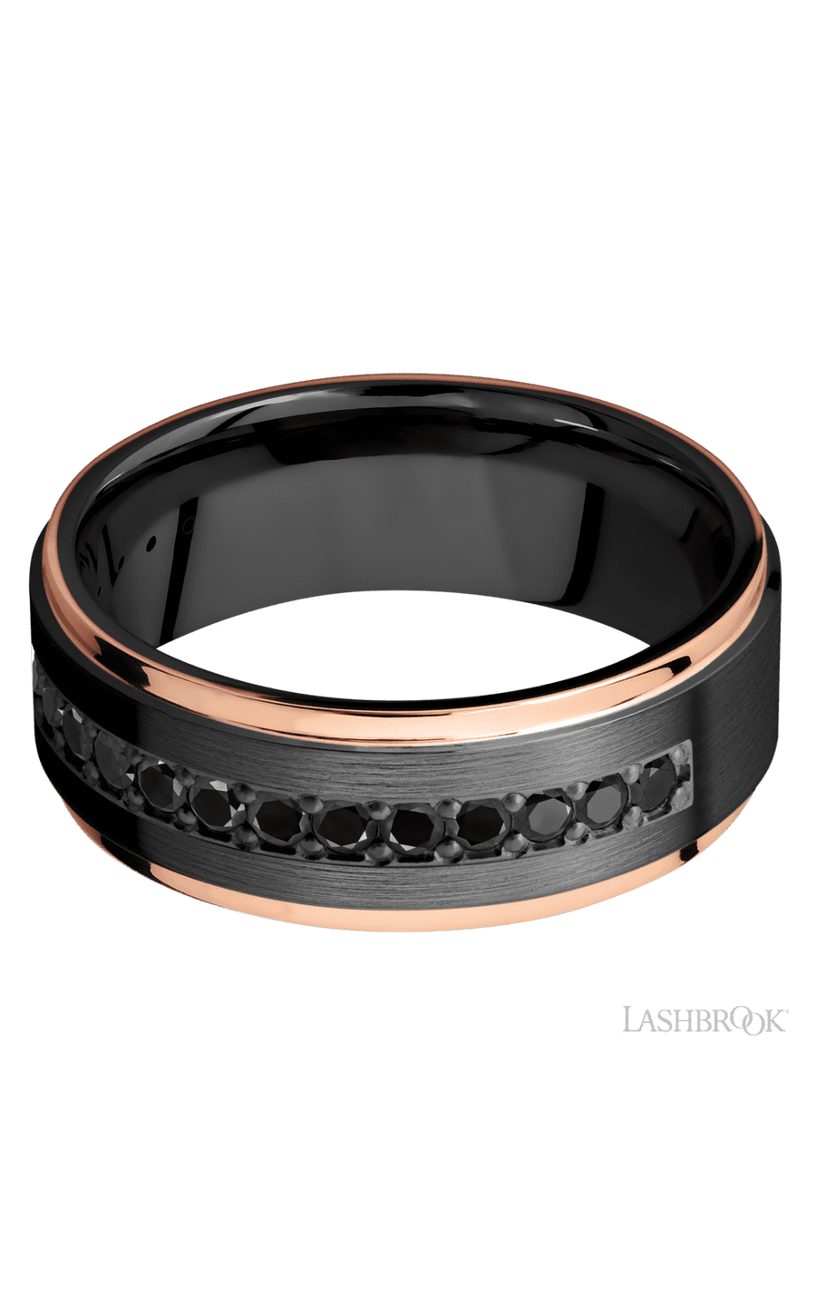 8 mm wide/Flat Grooved Edges/Zirconium band with a Half Eternity arrangement of .03 carat Round Black Diamond stones in a Bead setting and featuring two 1 mm Edge inlays of 14K Rose Gold