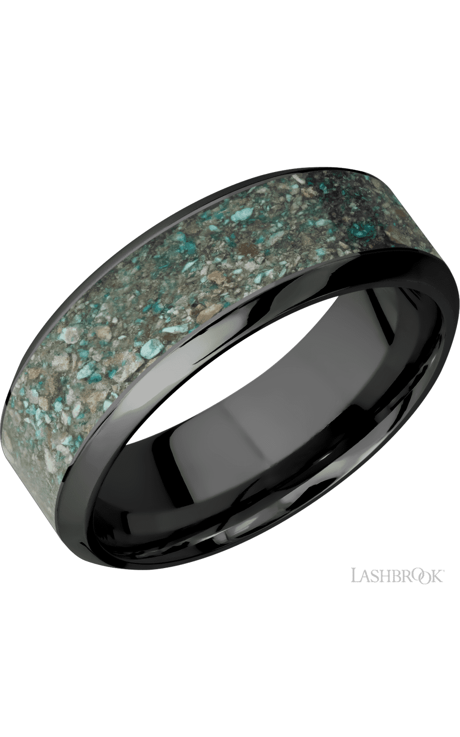 8 mm wide/High Bevel/Zirconium band with one 5 mm Centered inlay of Ocean Jasper.