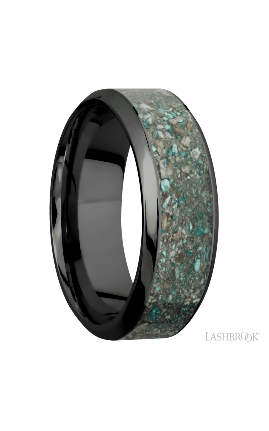 8 mm wide/High Bevel/Zirconium band with one 5 mm Centered inlay of Ocean Jasper.