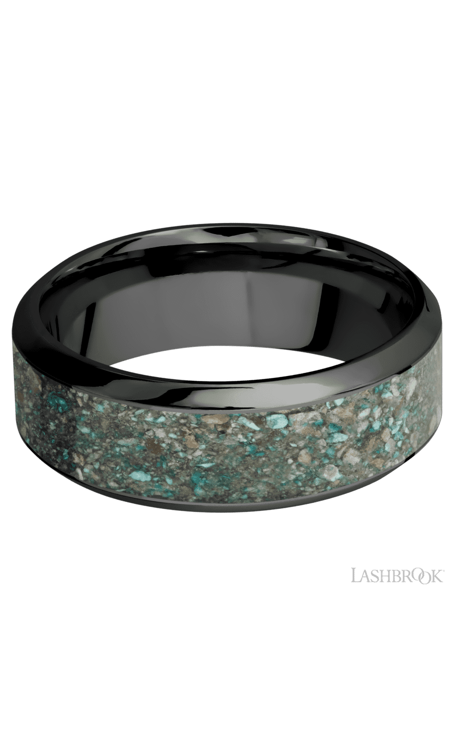 8 mm wide/High Bevel/Zirconium band with one 5 mm Centered inlay of Ocean Jasper.