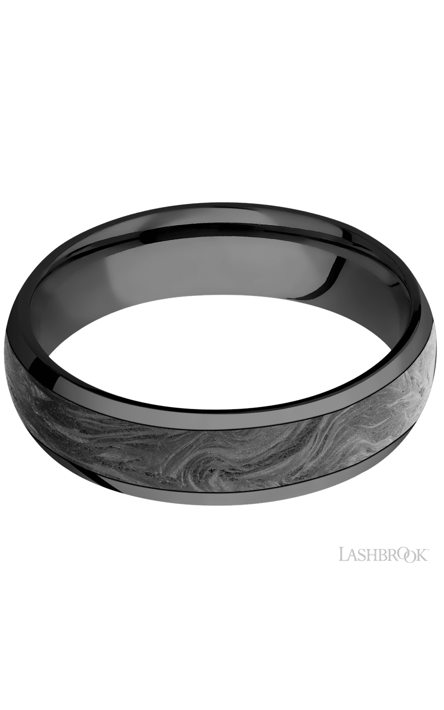 6 mm wide/Domed/Zirconium band with one 4 mm Centered inlay of Forged Carbon Fiber.