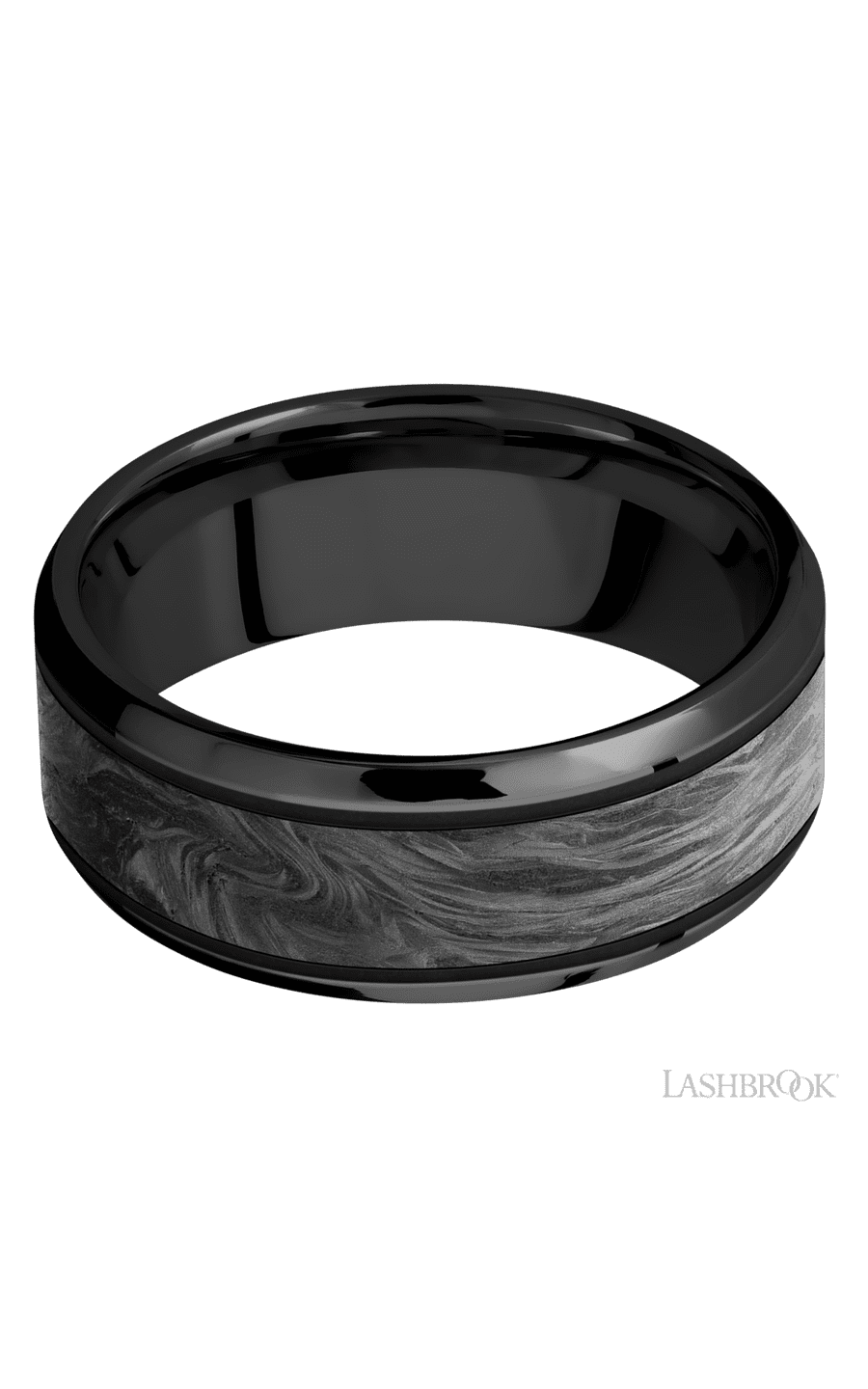 8 mm wide/Beveled/Zirconium band with one 5 mm Centered inlay of Forged Carbon Fiber.