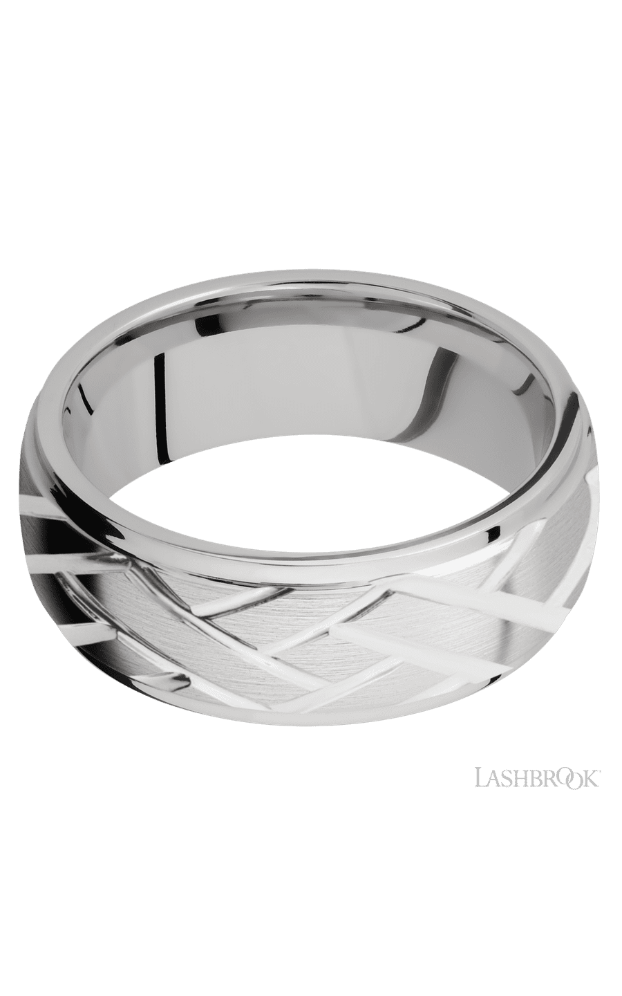 8 mm wide/Domed Stepped Down Edges/14K White Gold band with a machined Lattice pattern.