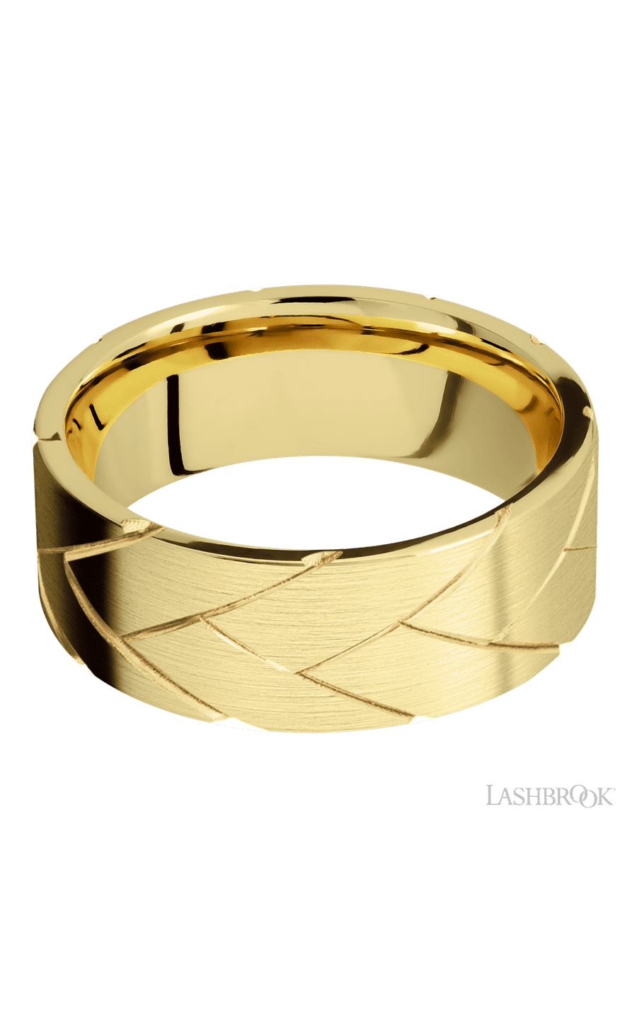 8 mm wide/Flat/14K Yellow Gold band with a machined Flatbraid pattern.