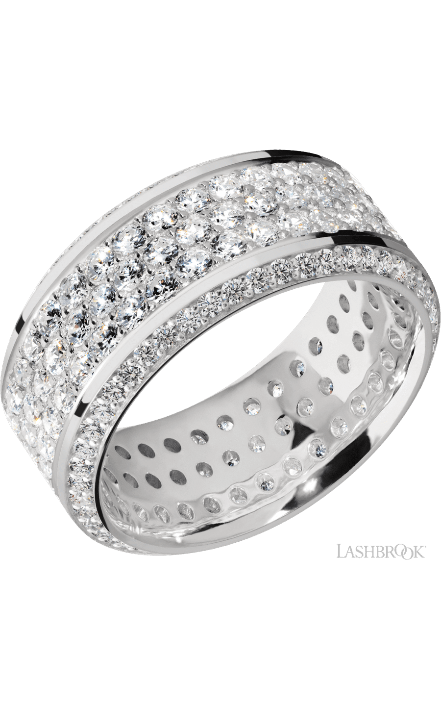 10 mm wide/High Bevel/14K White Gold band with a Bevel Eternity arrangement of .01 carat Round Diamond stones in a Bead setting and featuring a a 3 Row Eternity arrangement of .03 carat Round Diamond stones in a Bead Channel setting