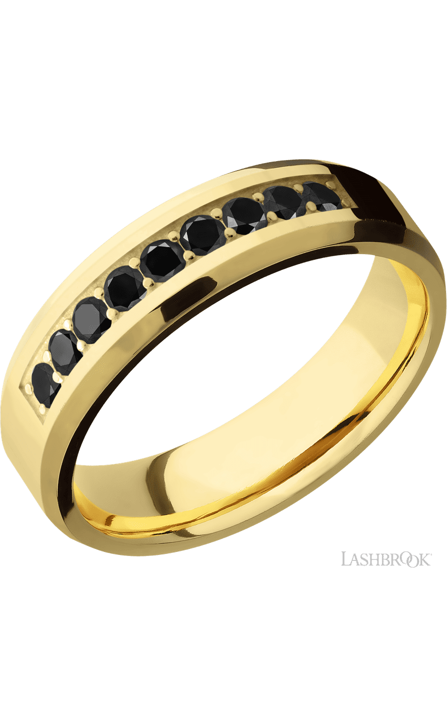 6 mm wide/Beveled/14K Yellow Gold band with an arrangement of 9, .05 carat Round Black Diamond stones in a Bead Channel setting.
