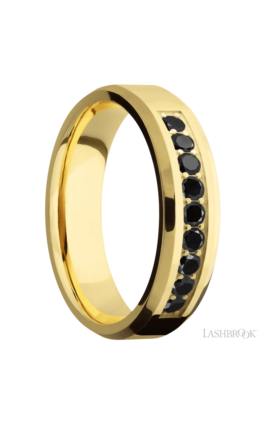 6 mm wide/Beveled/14K Yellow Gold band with an arrangement of 9, .05 carat Round Black Diamond stones in a Bead Channel setting.