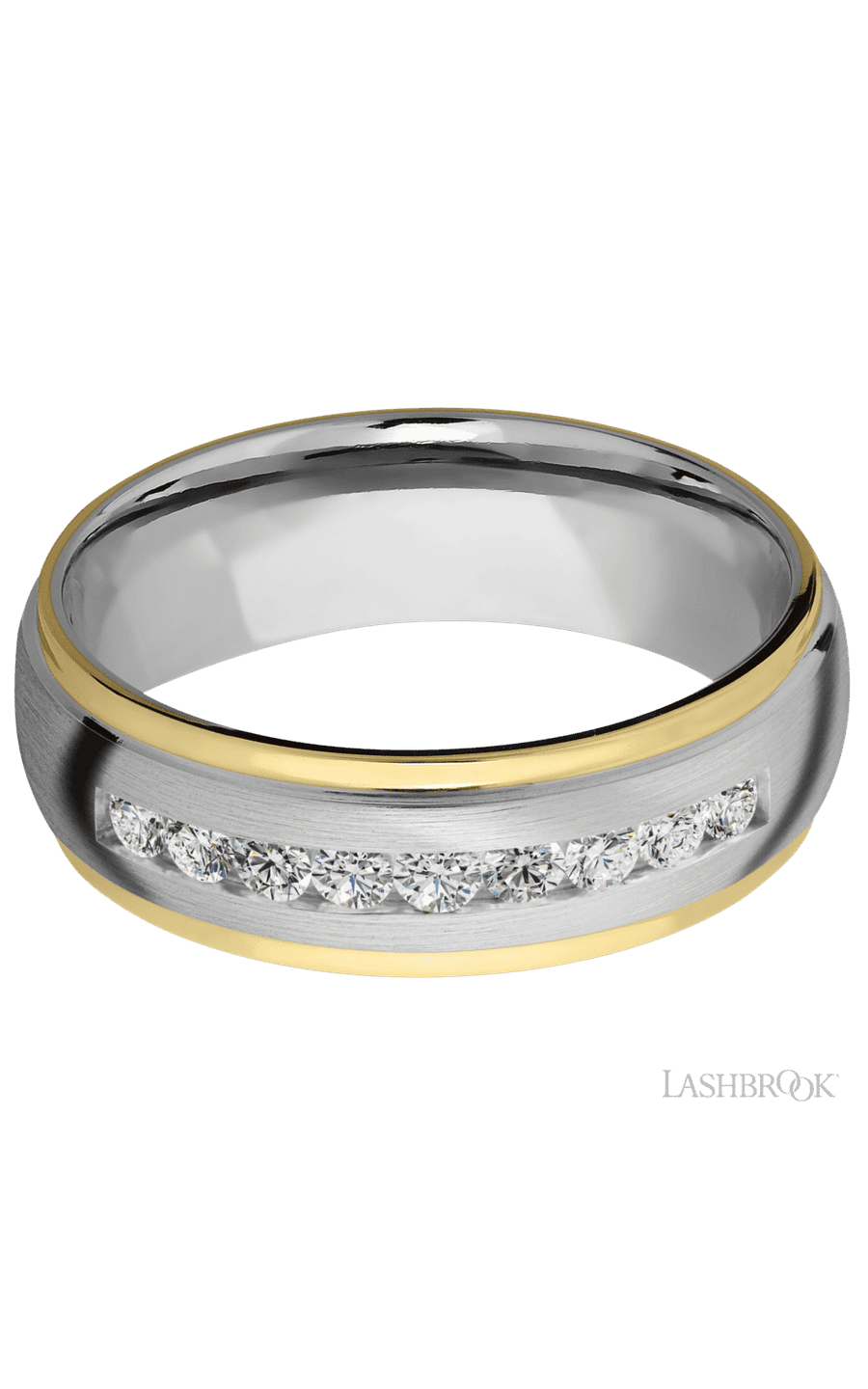 7 mm wide/Domed Stepped Down Edges/Cobalt Chrome band with two 1 mm Edge inlays of 14K Yellow Gold and featuring an arrangement of 9, .05 carat Round Diamond stones in a Channel setting