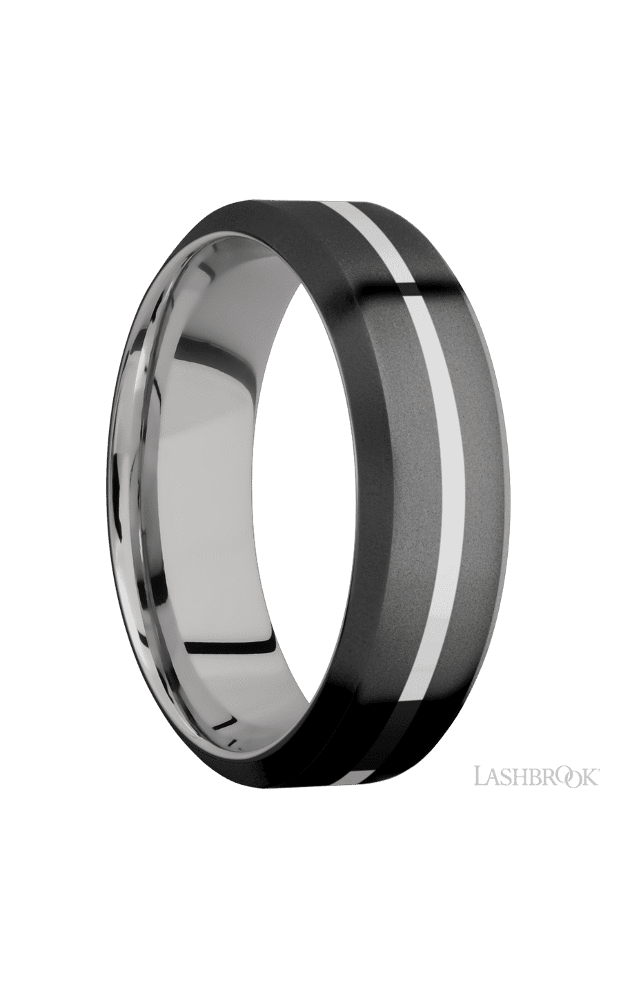 7 mm wide/High Bevel/Zirconium band with one 1 mm Centered inlay of Palladium Silver also featuring a Palladium Silver sleeve.