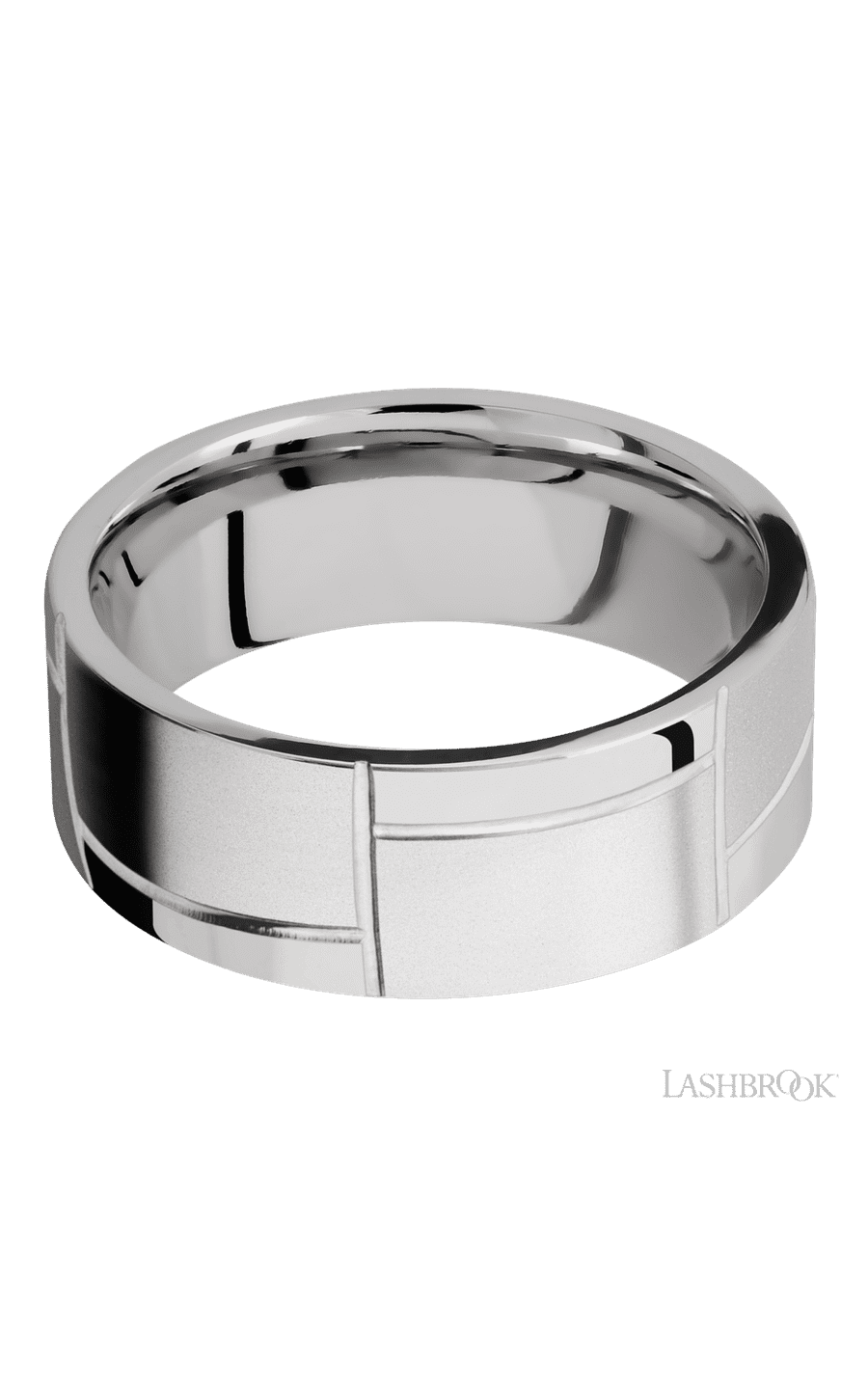 8 mm wide/Flat/14K White Gold band with a machined 3GOCHR pattern.