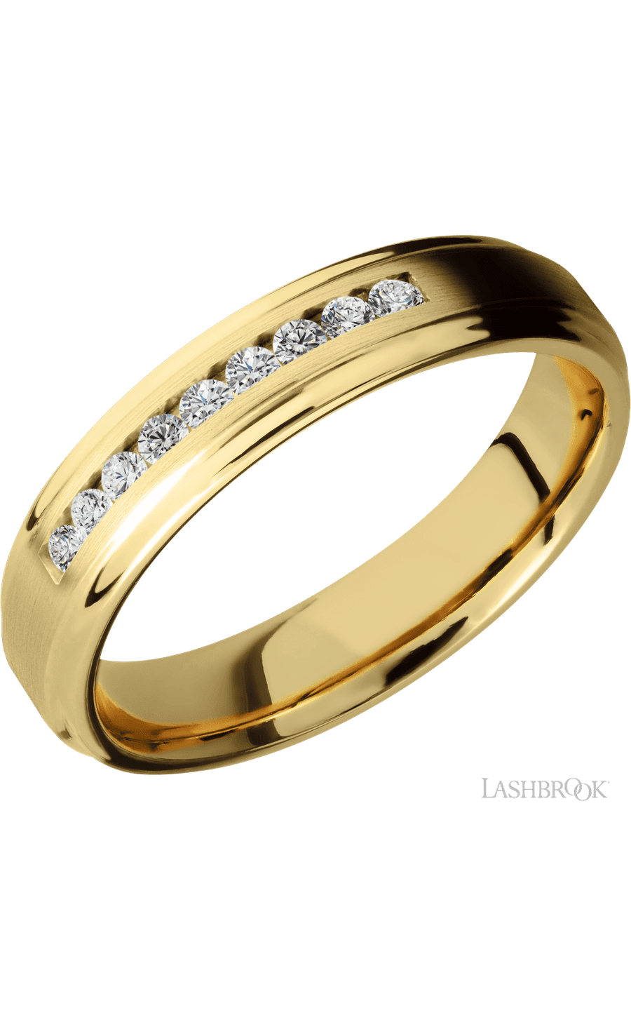 5 mm wide/Flat Grooved Edges/14K Yellow Gold band with an arrangement of 9, .03 carat Round Diamond stones in a Channel setting.