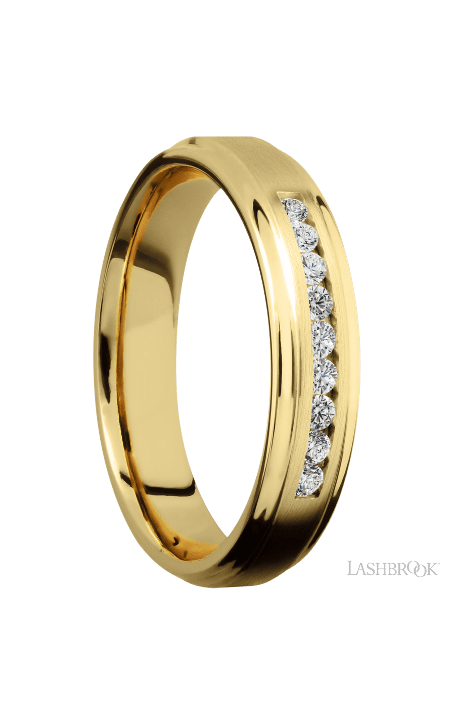 5 mm wide/Flat Grooved Edges/14K Yellow Gold band with an arrangement of 9, .03 carat Round Diamond stones in a Channel setting.
