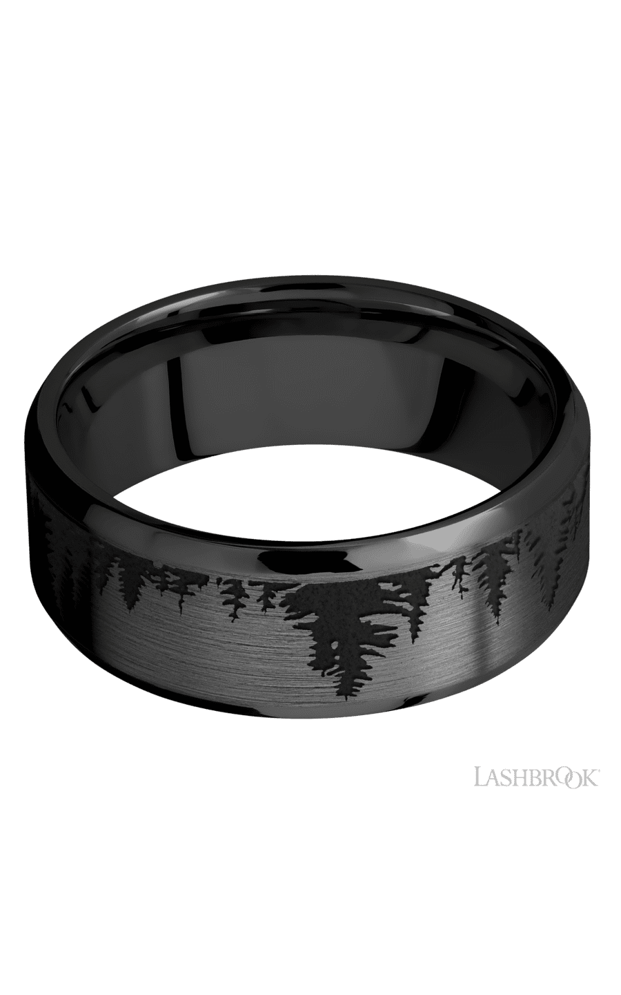 8 mm wide/Beveled/Zirconium band with a laser carved Trees pattern.