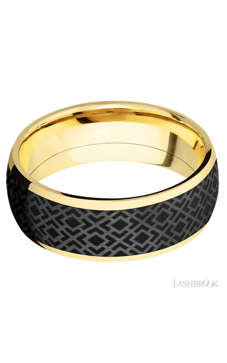 8 mm wide/Domed/14K Yellow Gold band with one 6 mm Centered inlay of Zirconium with a laser carved Trellis 2 pattern.