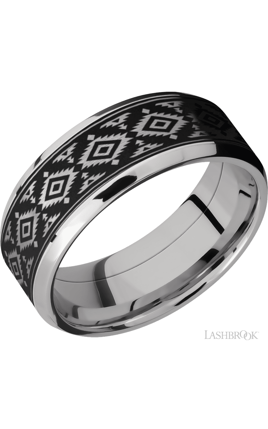 8 mm wide/Beveled/Cobalt Chrome band with one 6 mm Centered inlay of Tantalum with a laser carved Aztec 2 pattern.