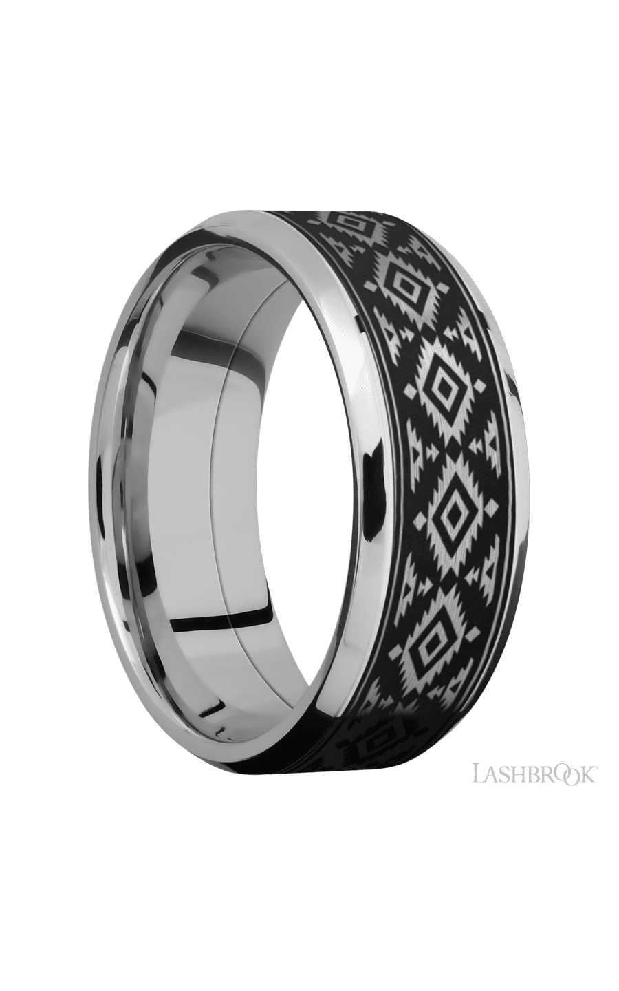 8 mm wide/Beveled/Cobalt Chrome band with one 6 mm Centered inlay of Tantalum with a laser carved Aztec 2 pattern.