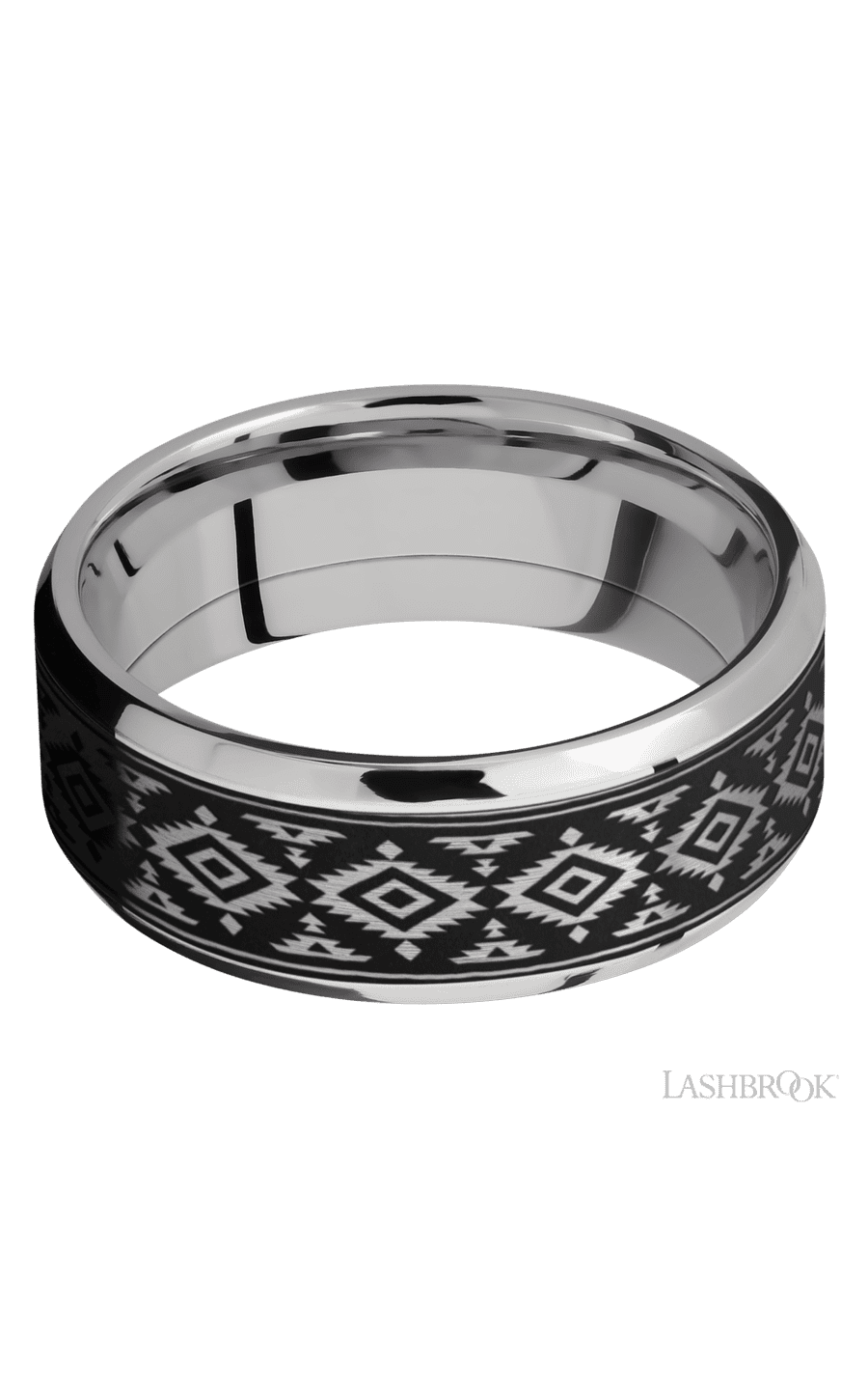 8 mm wide/Beveled/Cobalt Chrome band with one 6 mm Centered inlay of Tantalum with a laser carved Aztec 2 pattern.