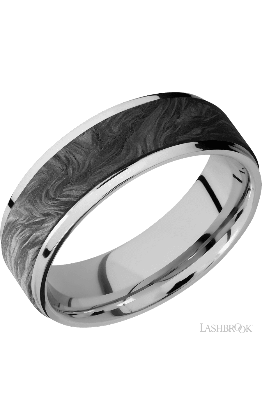 7 mm wide/Flat Grooved Edges/Cobalt Chrome band with one 5 mm Raised Centered inlay of Forged Carbon Fiber.