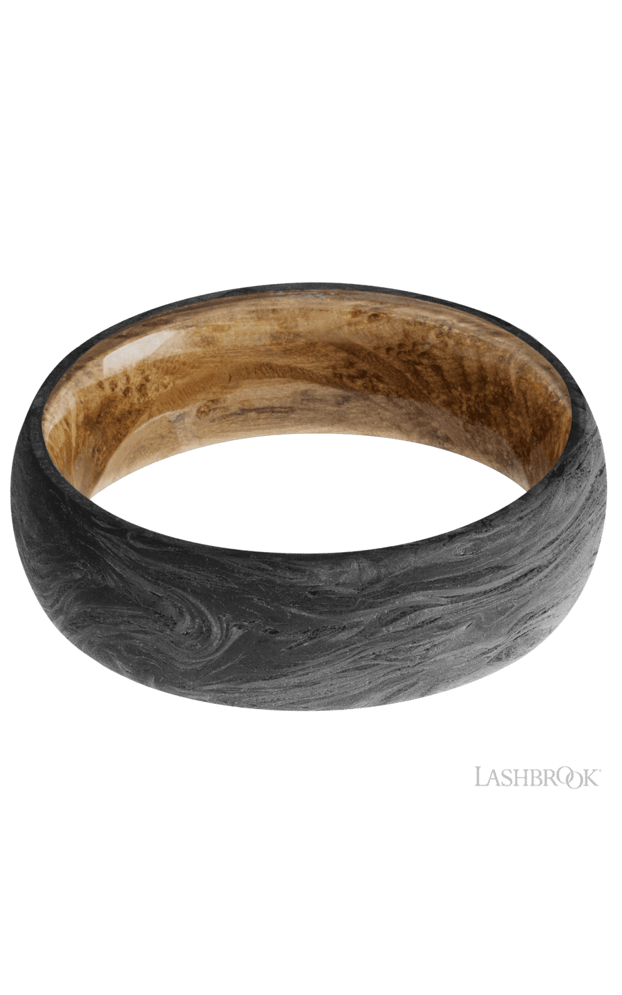 7 mm wide Domed Forged Carbon Fiber band featuring a Whiskey Barrel sleeve.