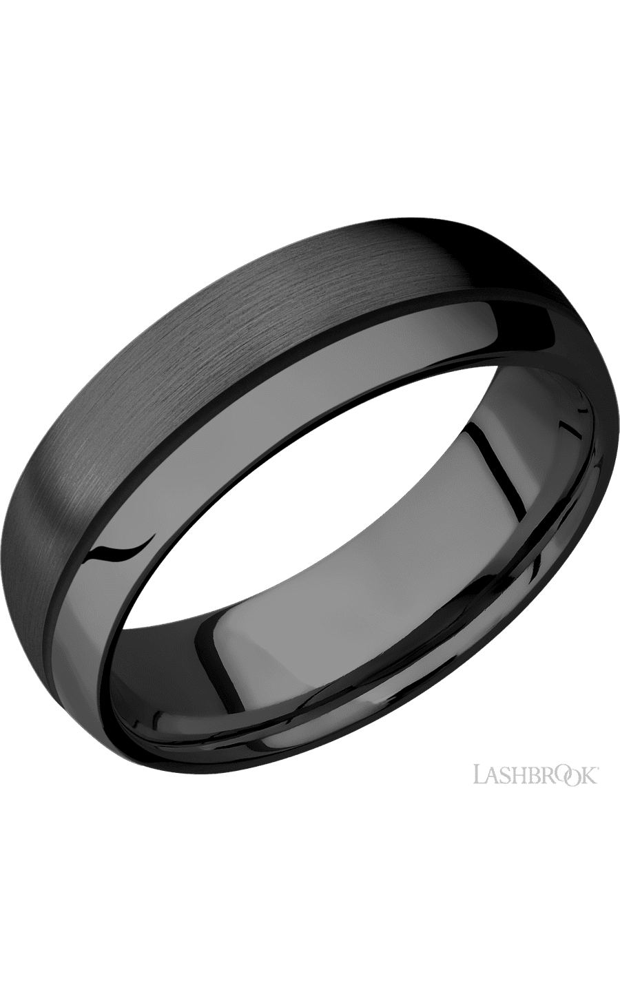 7 mm wide/Domed/Zirconium band with one 0.5 mm Off Center inlay of Black.