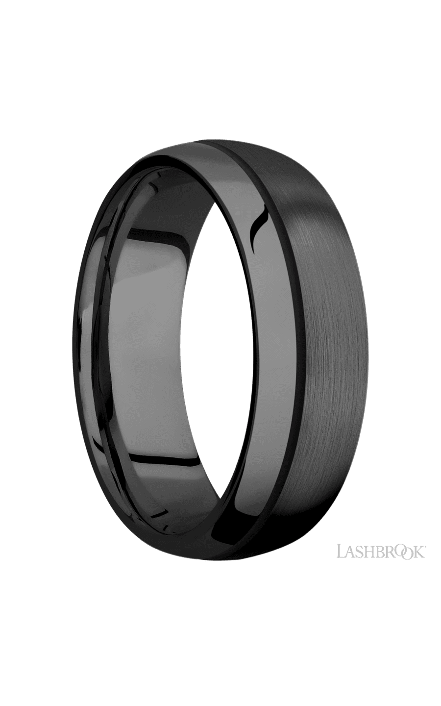 7 mm wide/Domed/Zirconium band with one 0.5 mm Off Center inlay of Black.
