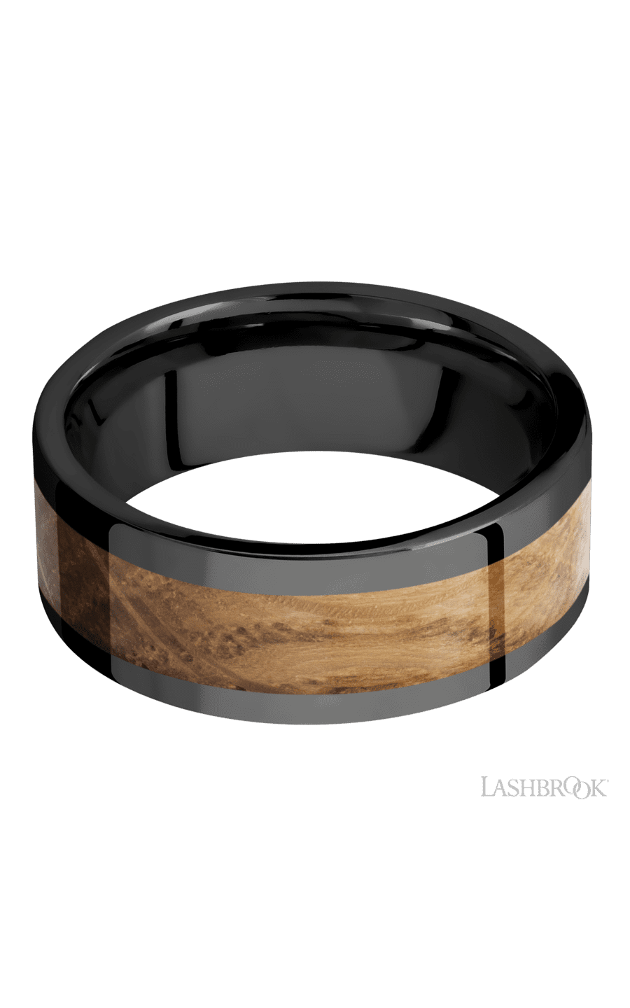 8 mm wide/Flat/Zirconium band with one 5 mm Centered inlay of Whiskey Barrel.