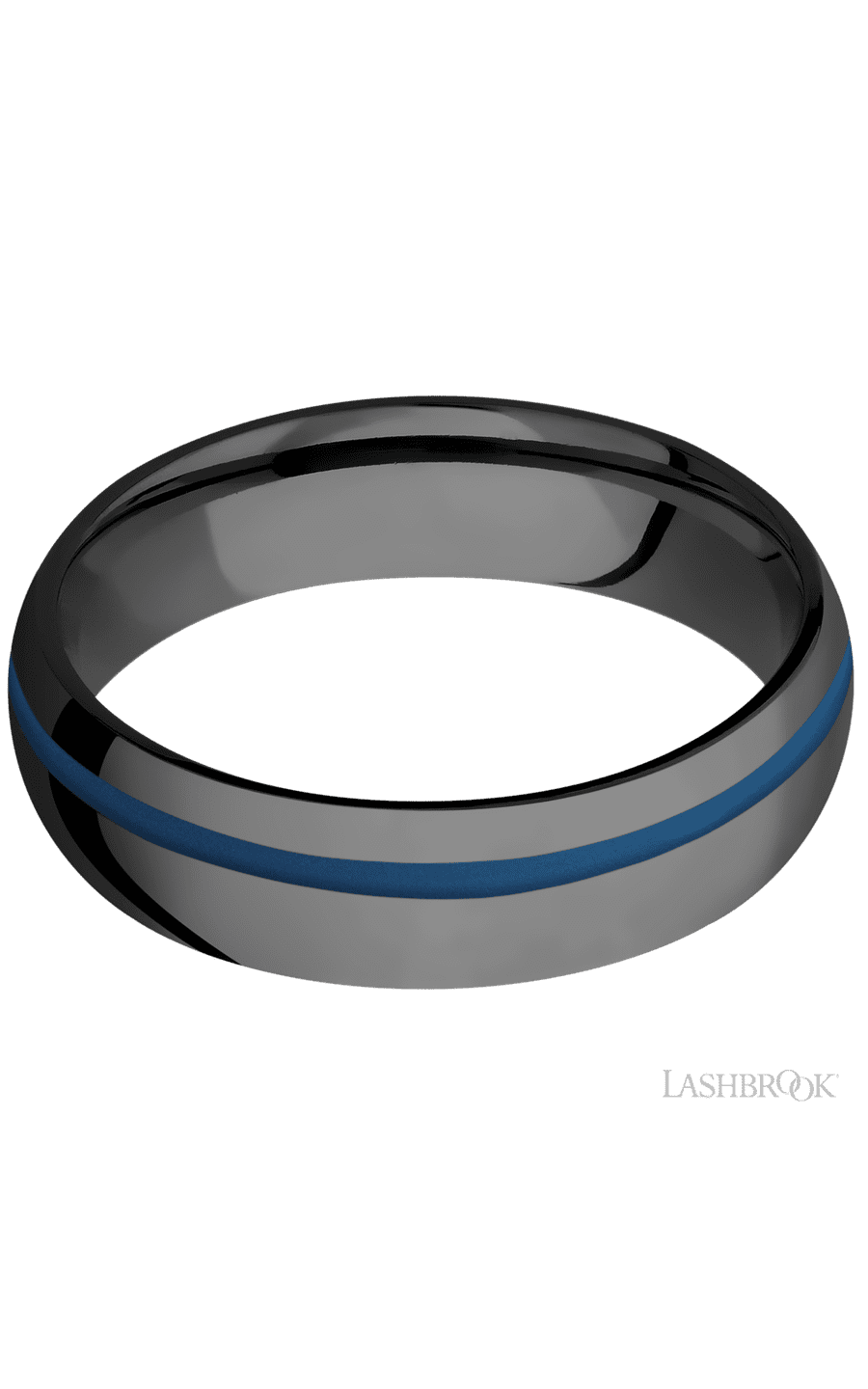 6 mm wide/Domed/Zirconium band with one 1 mm Off Center inlay of Ridgeway Blue.