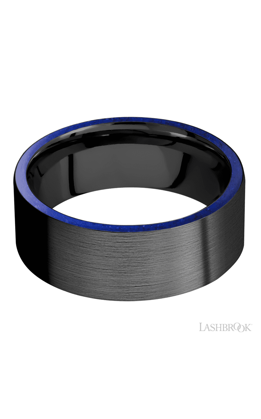 8 mm wide/Flat/Zirconium band with two 1 mm Side inlays of Lapis.
